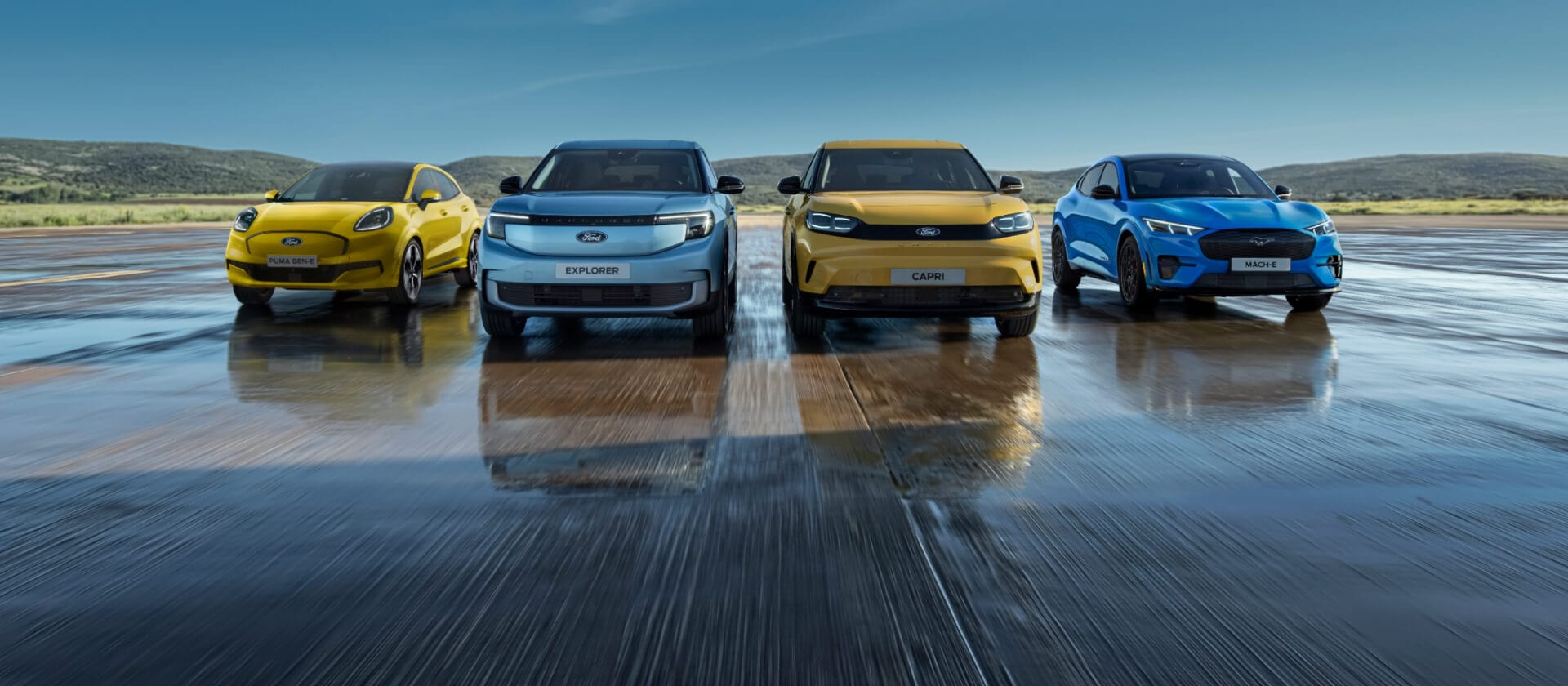 O gamă a gamei de mașini electrice Ford, cu Ford Puma Gen-E, Ford Explorer, Ford Capri și Ford Mustang Mach-E.