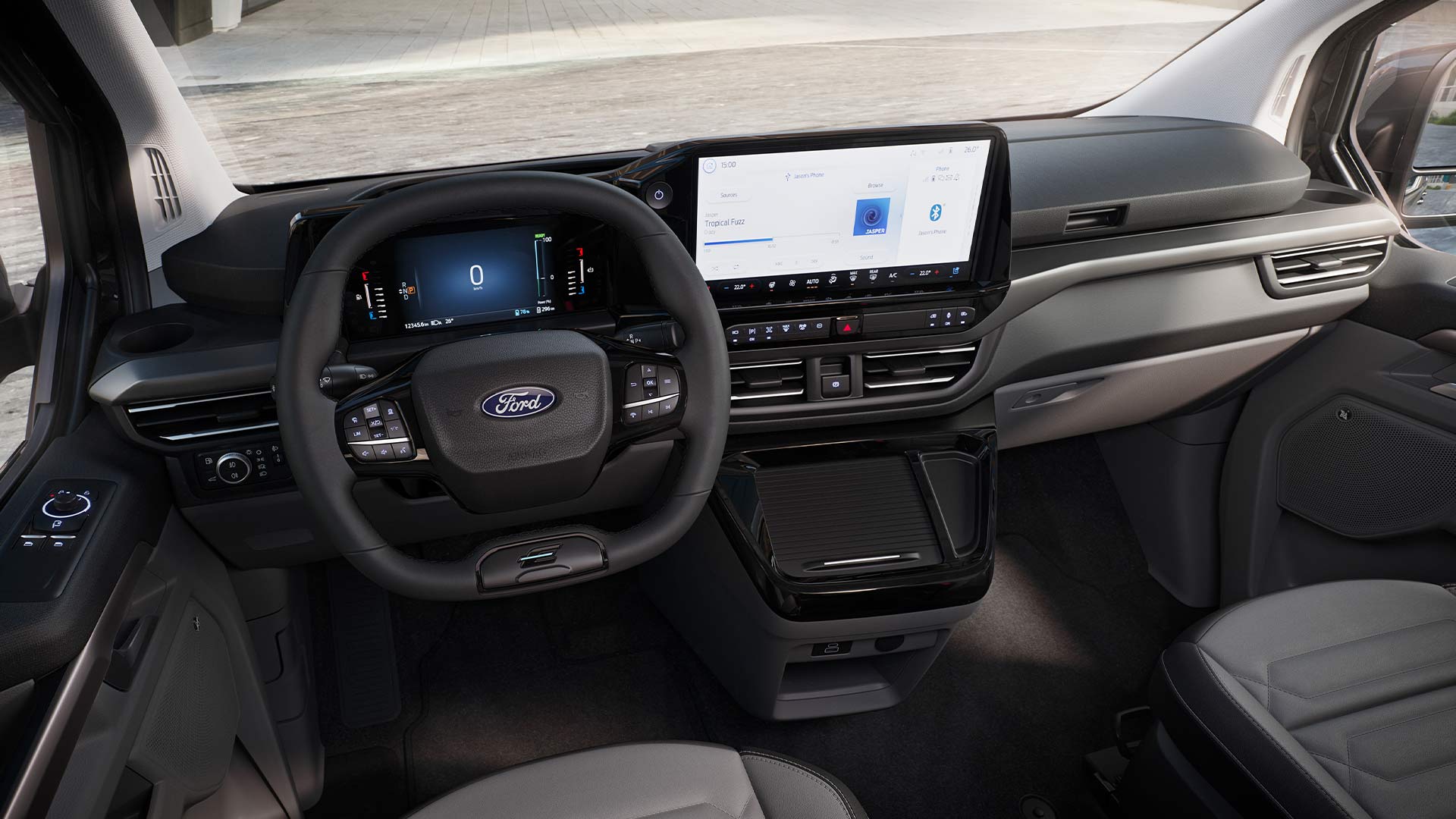 Tabloul de bord interior și volanul Ford Tourneo Custom.
