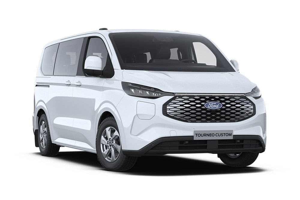 Unghiul din stânga față al unui Ford E-Tourneo Custom Trend alb.