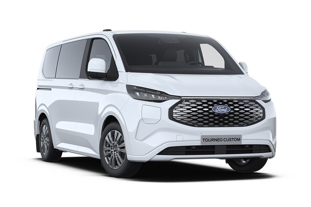Unghiul din stânga față al unui Ford E-Tourneo Custom Titanium alb.