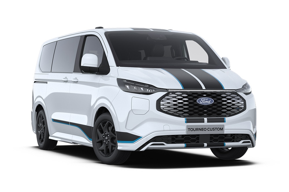 Unghiul din stânga față al unui Ford E-Tourneo Custom Sport alb.