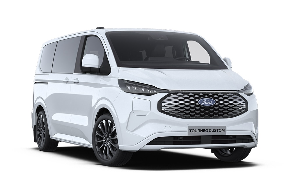 Unghiul din stânga față al unui Ford E-Tourneo Custom Titanium X.