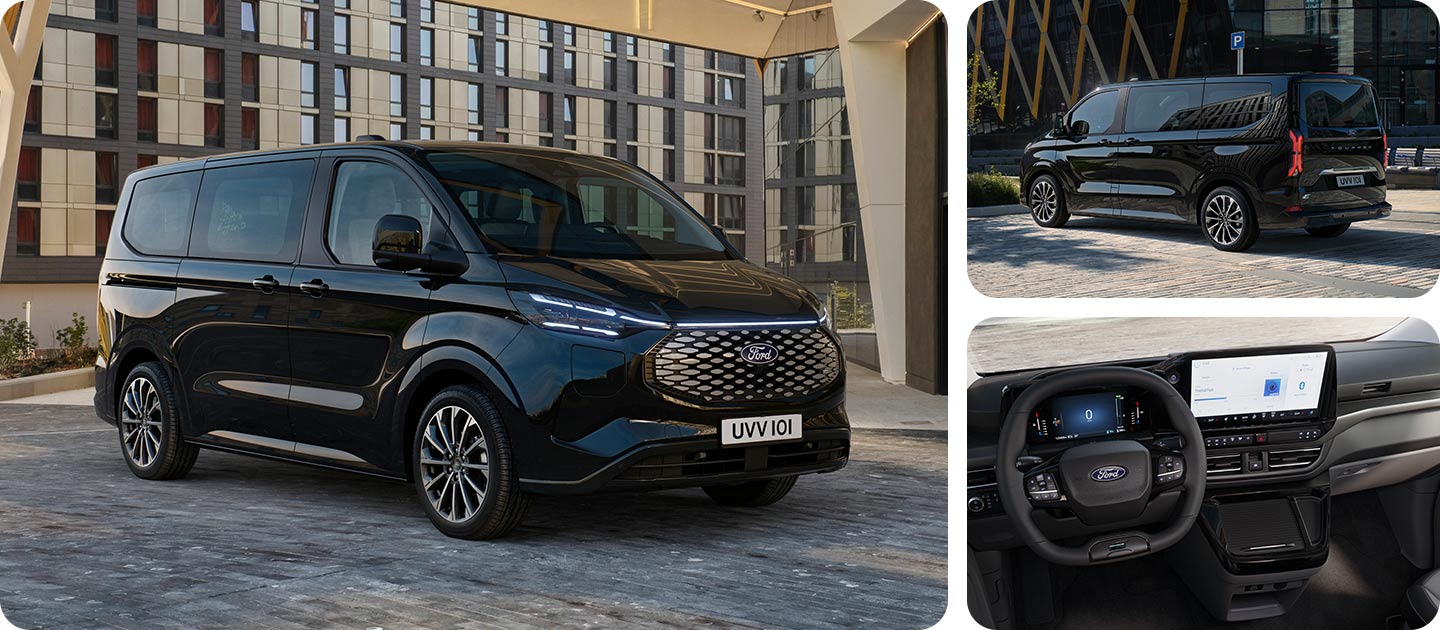 Un Ford E-Tourneo Custom negru este parcat în fața unei clădiri moderne, prezentând partea laterală și partea din spate.