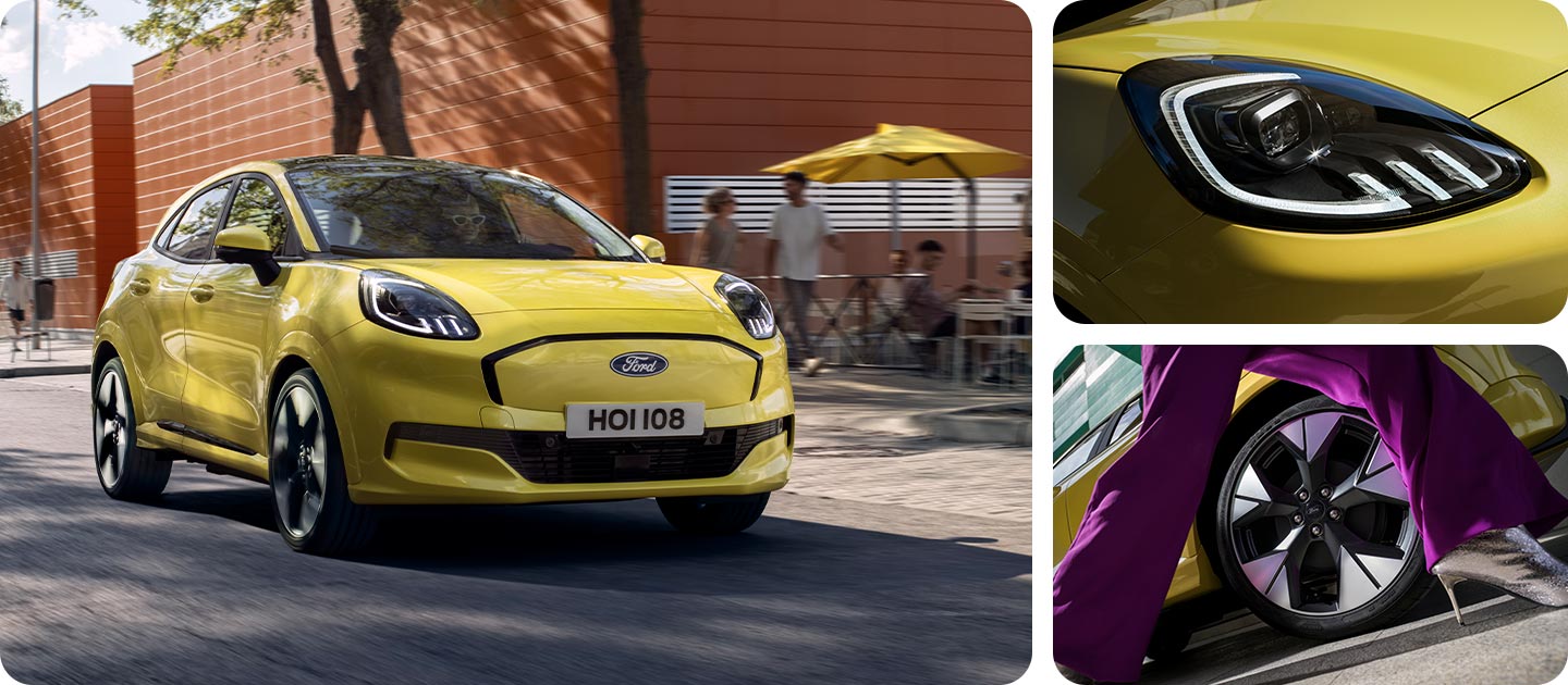 Grilă foto care prezintă modelul Ford Puma Gen-E ® galben, cu prim-planuri ale farurilor față și ale jantelor din aliaj.
