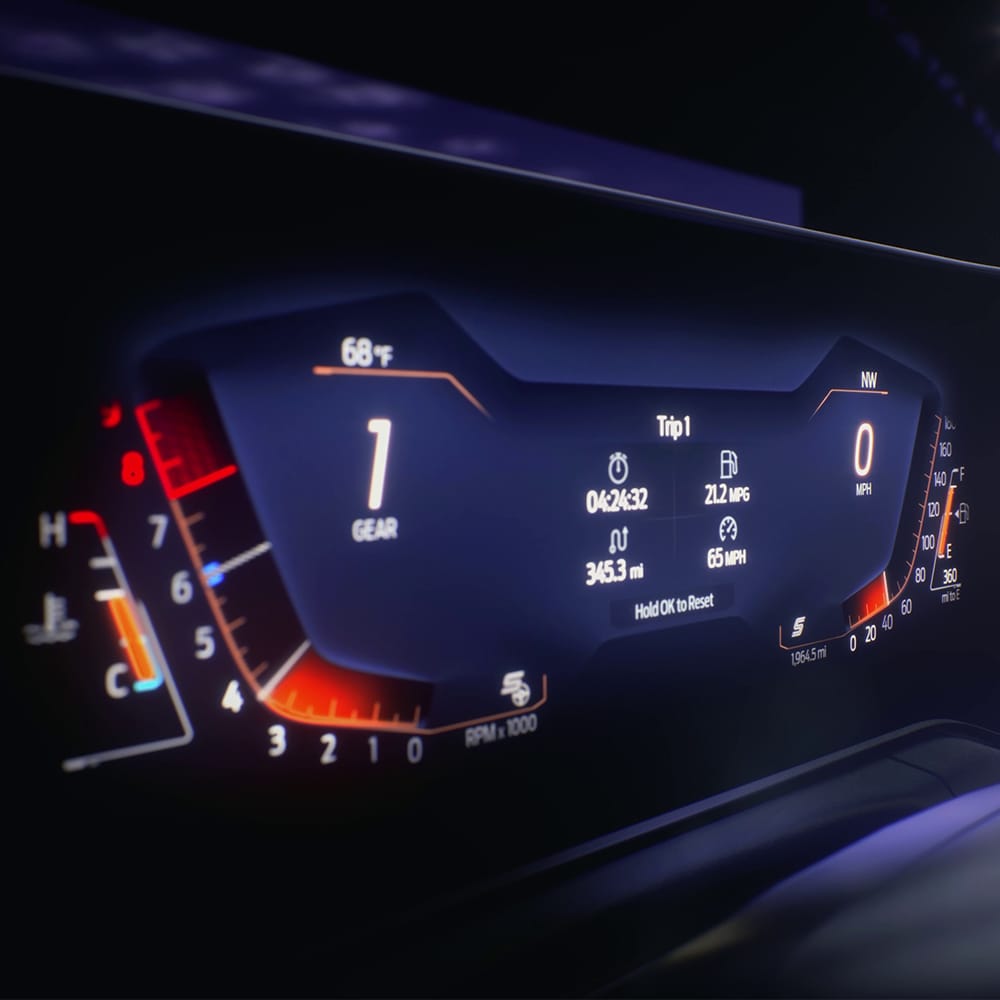 Close up of Ford Mustang 12.4" Digital Cluster. 