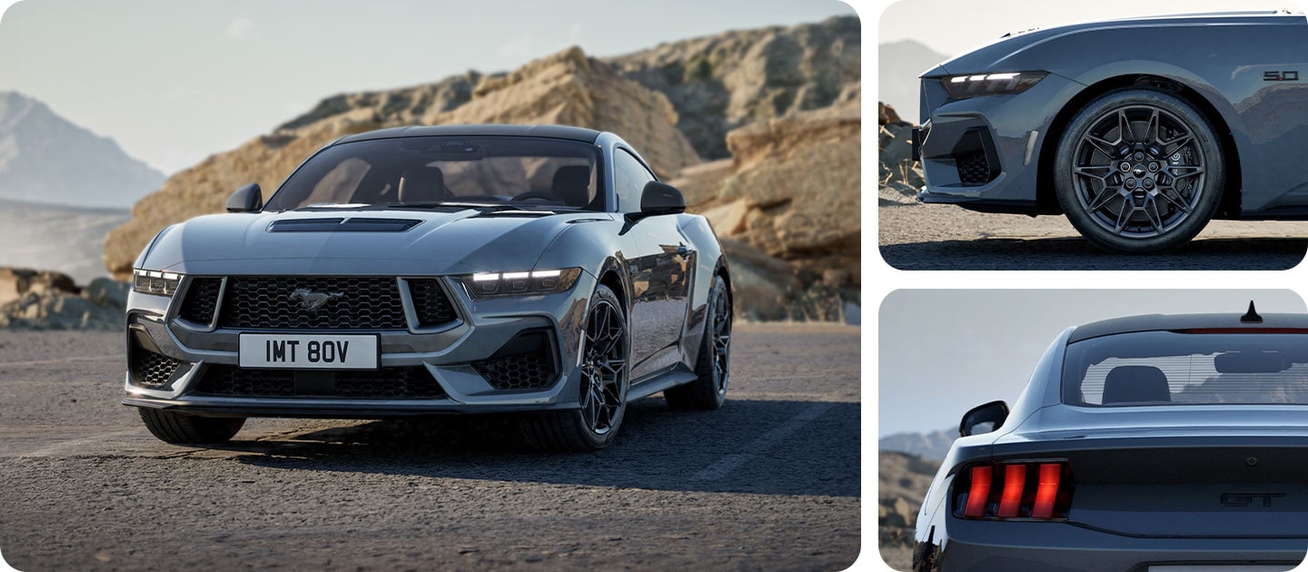 Trei fotografii într-o grilă care arată un Ford Mustang GT Nite Pony Coupe gri pe un drum montan