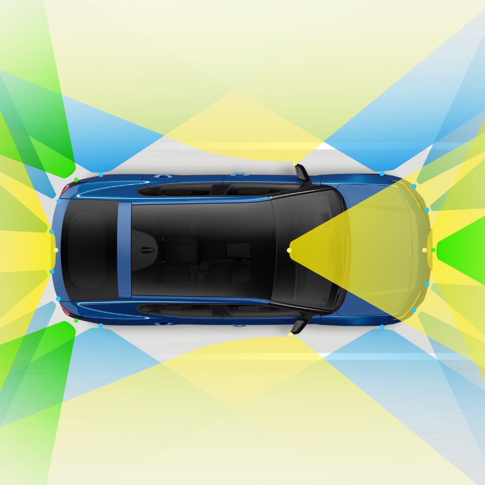 O imagine grafică a modelului Ford Capri® văzut de sus, cu zone colorate în verde, albastru și galben și care ilustrează caracteristicile de asistență a șoferului.