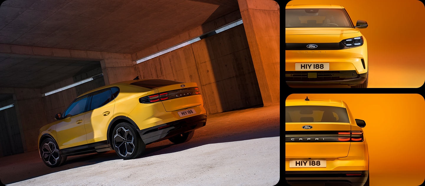 Grilă foto cu noul design al Ford Capri®. Prim-planurile prezintă insigna Ford în față și în spate, plus inscripția CAPRI.