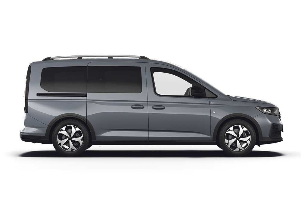 Un Ford Tourneo Connect gri, parte a gamei Ford de MPV-uri și vehicule pentru transport persoane.