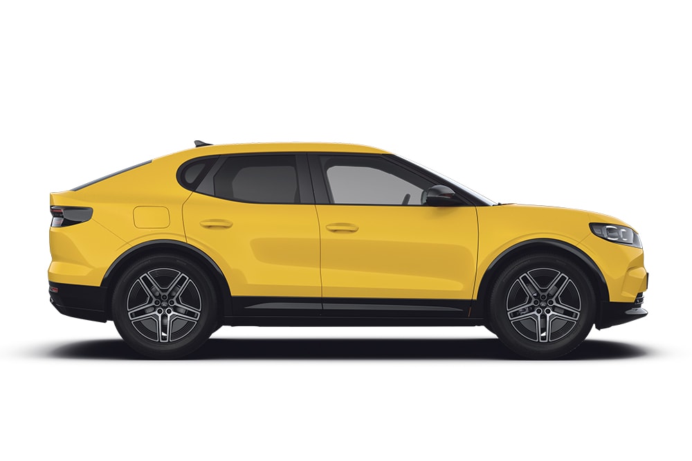 Un Ford Capri galben, parte a gamei de SUV-uri Ford.