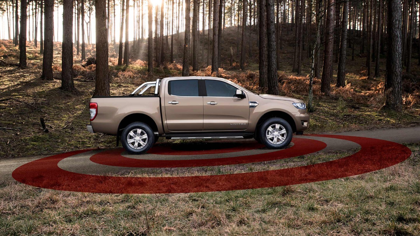 Silver Ford Ranger parked in woodland with alarm graphic