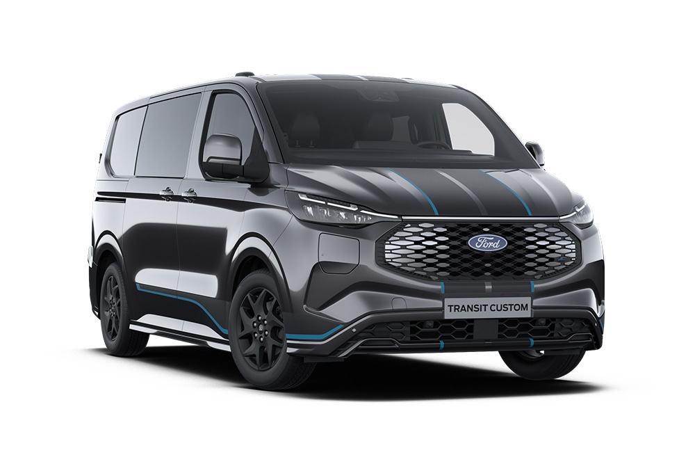 Ford E-Transit Custom Sport gri închis, cu cabină dublă, vedere frontală.