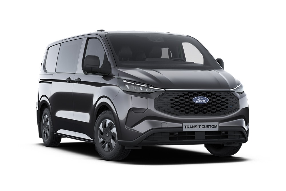 Ford E-Transit Custom Trend gri închis, cu cabină dublă, vedere frontală.