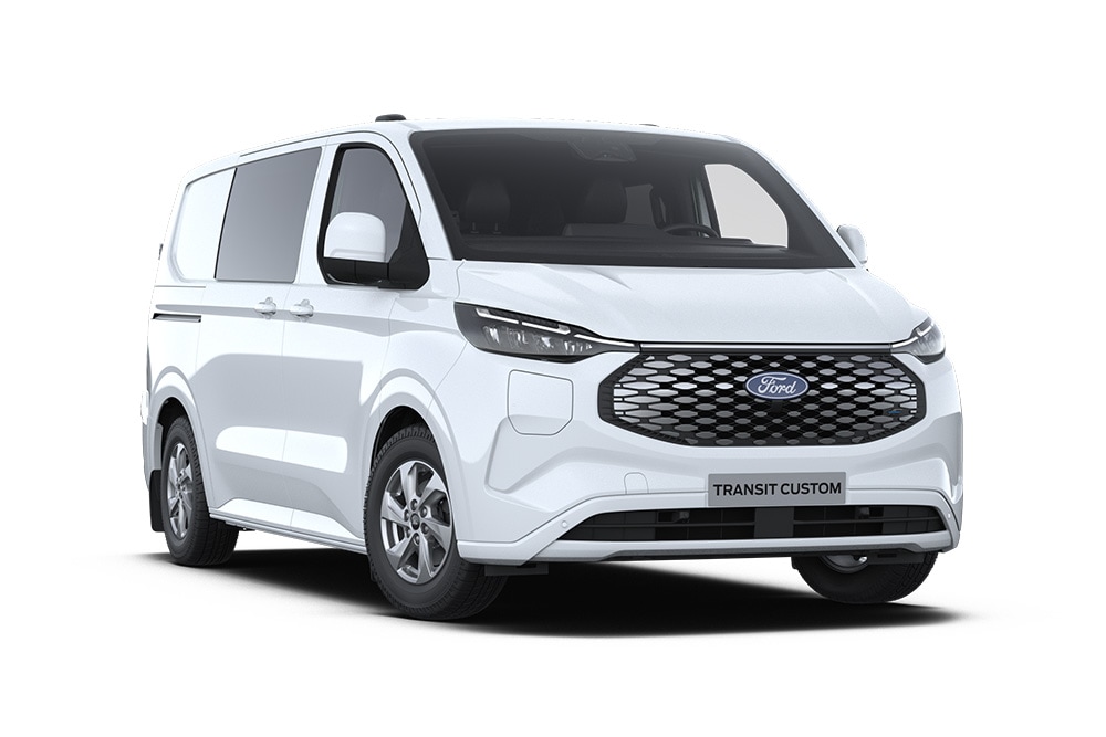 Ford E-Transit Custom electric Dublă Cabină in Van, alb, vedere frontală înclinată.