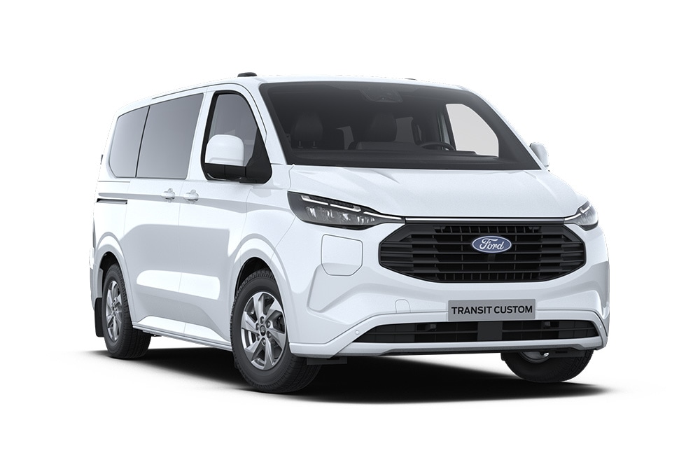 Ford E-Transit Custom Kombi alb, vedere frontală înclinată.