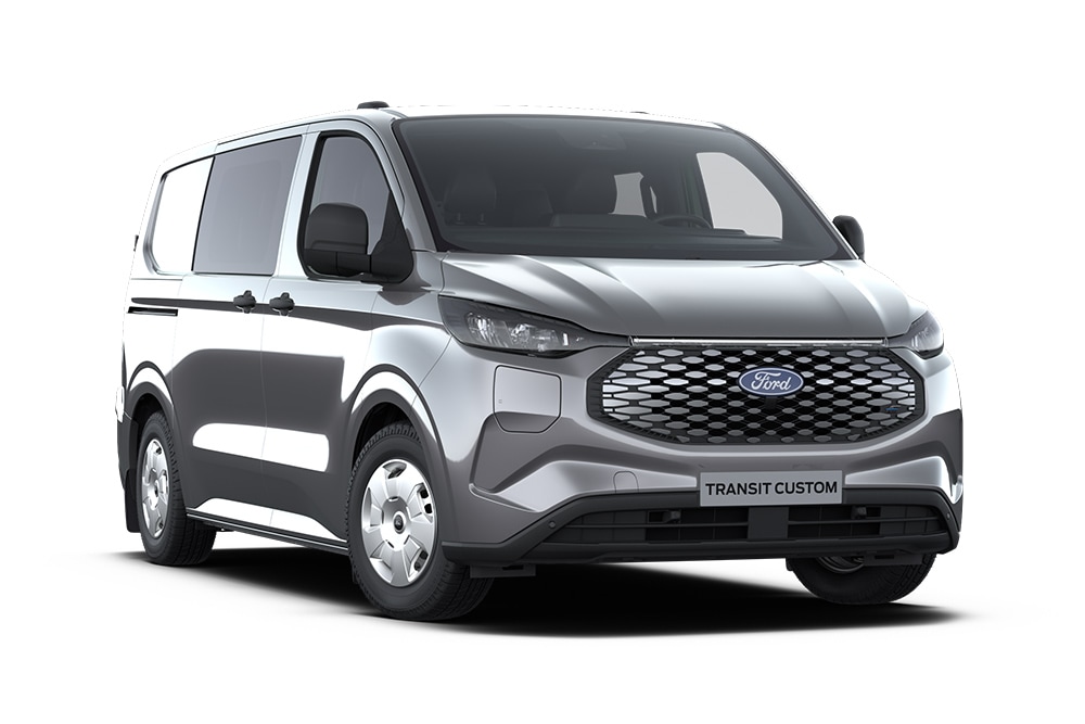 Ford E-Transit Custom Trend gri închis, cu cabină dublă, vedere frontală.