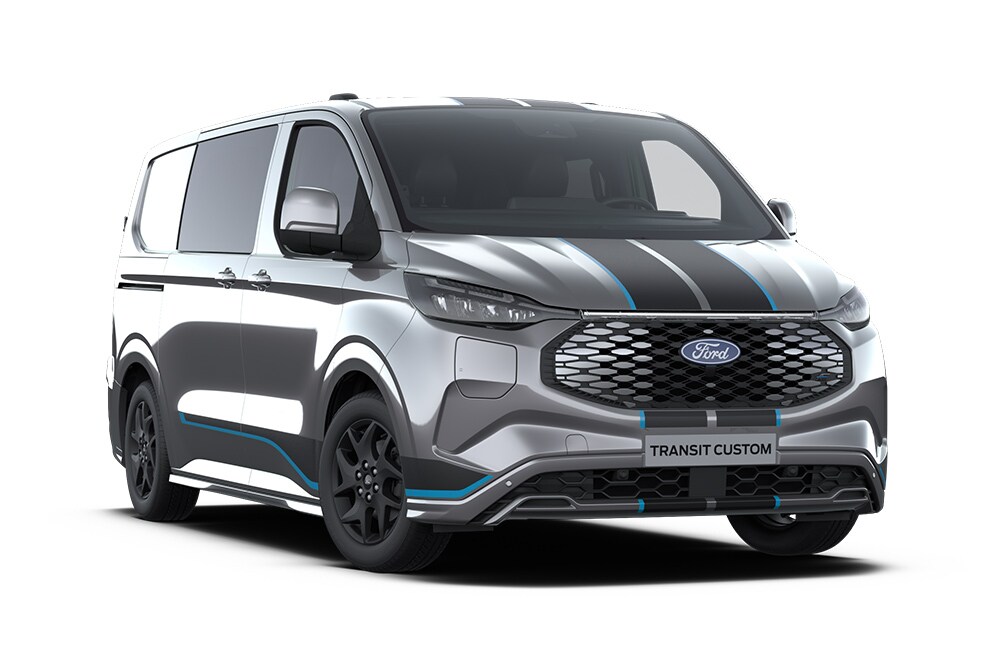 Ford E-Transit Custom Sport gri închis, cu cabină dublă, vedere frontală.