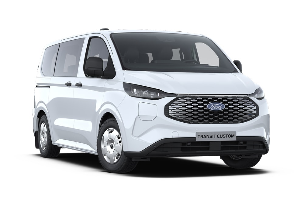 Ford E-Transit Custom Kombi alb, vedere frontală înclinată.