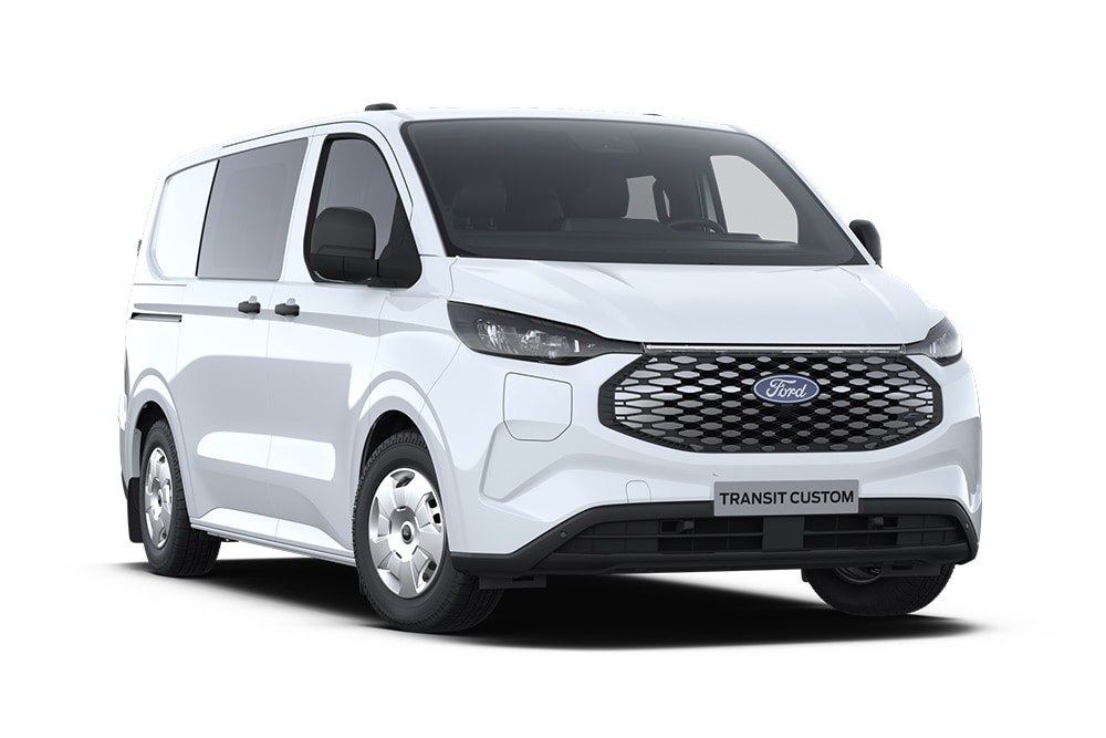 Ford E-Transit Custom electric Dublă Cabină in Van, alb, vedere frontală înclinată.