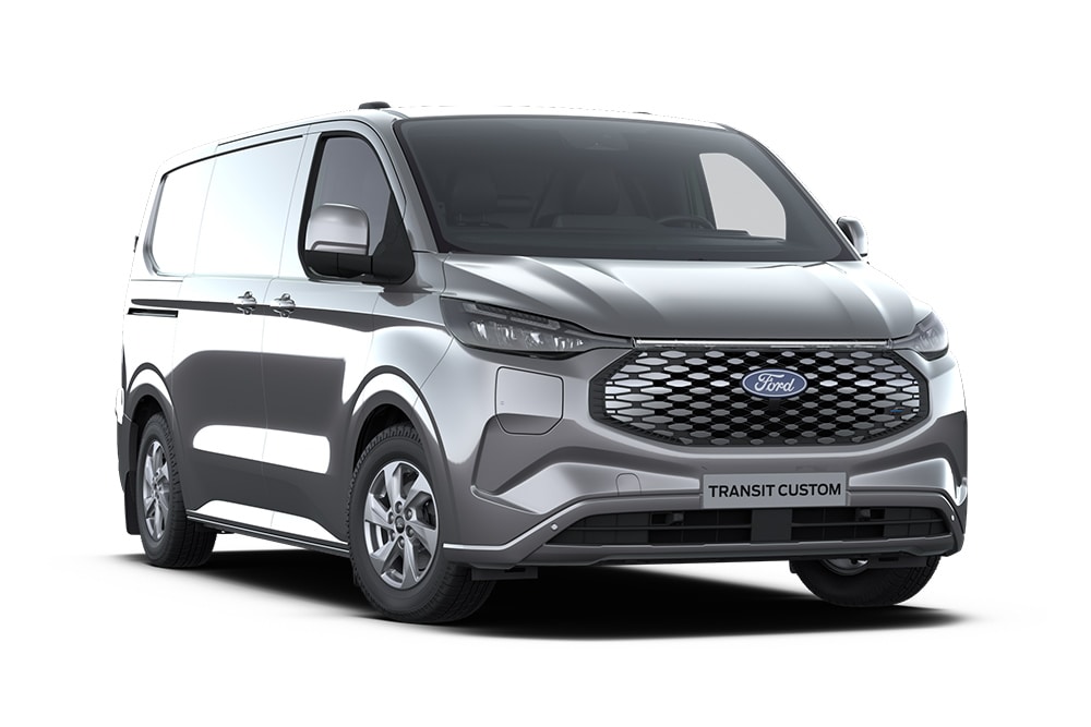 Furgon Ford E-Transit Custom Limited culoare Dark Gray, vedere frontală.
