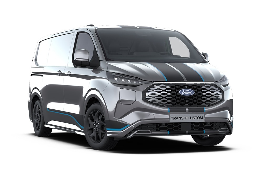 Furgon Ford E-Transit Custom Sport Dark Gray, vedere frontală.