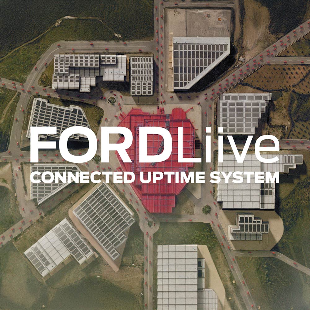 Vedere aeriană a unei unități Ford cu sigla FordLiive.