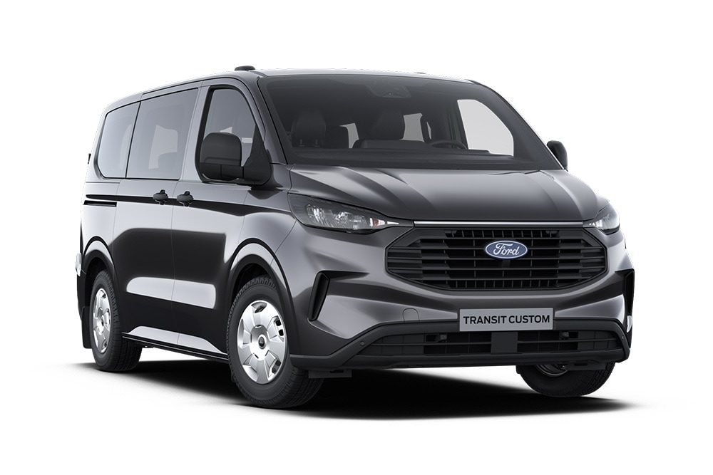 Vedere din față-stânga a unui Ford Transit Custom Kombi Trend gri închis pe un fundal alb.