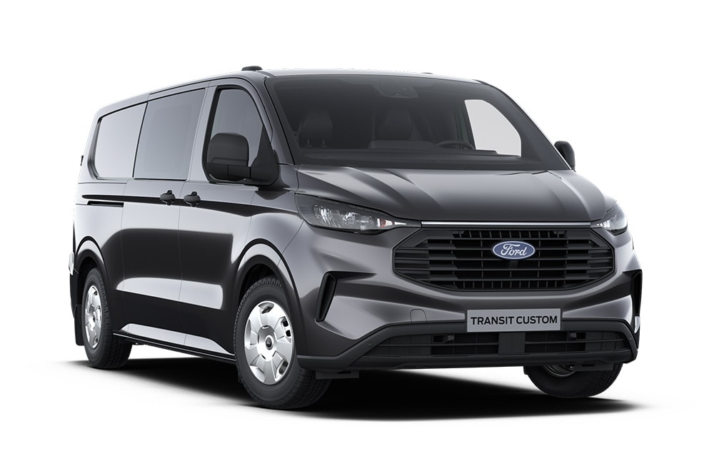 Vedere din față-stânga a unui Ford Transit Custom Multicab Trend gri închis pe un fundal alb.