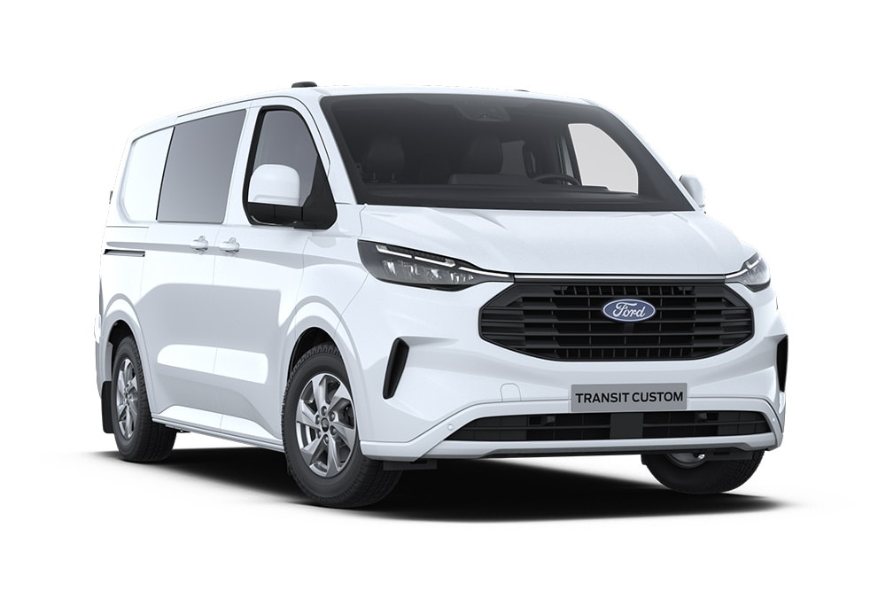 Vedere din față-stânga a unui Ford Transit Custom Cabină Dublă alb pe un fundal alb.