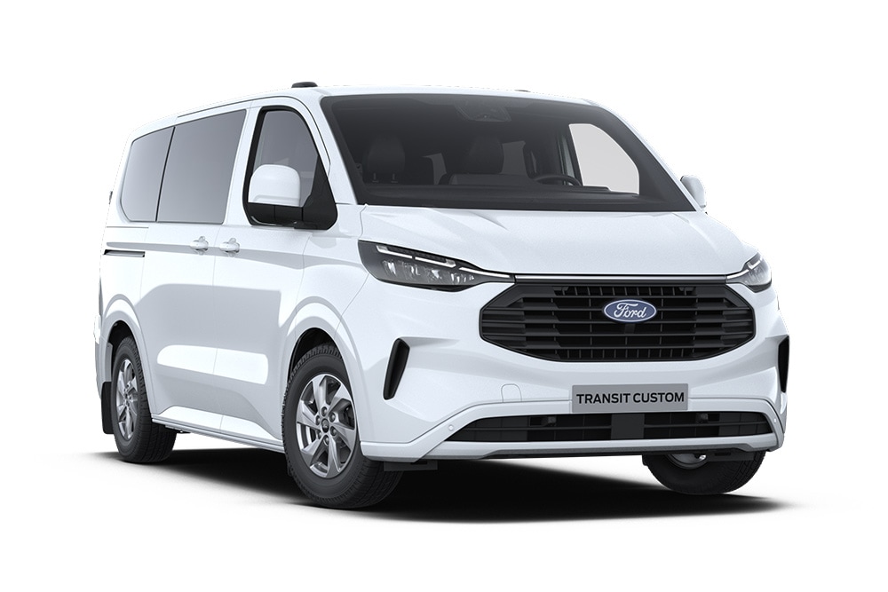 Vedere din față-stânga a unui Ford Transit Custom Kombi alb pe un fundal alb.