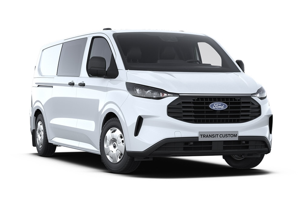Vedere din față-stânga a unui Ford Transit Custom Multicab alb pe un fundal alb.