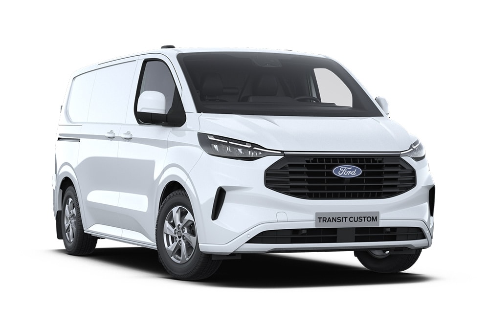 Vedere din față-stânga a unui furgon Ford Transit Custom alb pe un fundal alb.