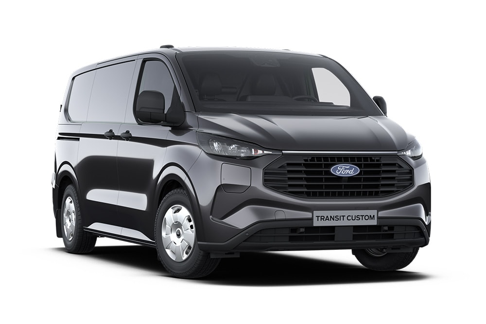 Front left angle of a dark grey Trend Ford Transit Custom van on a white background. 