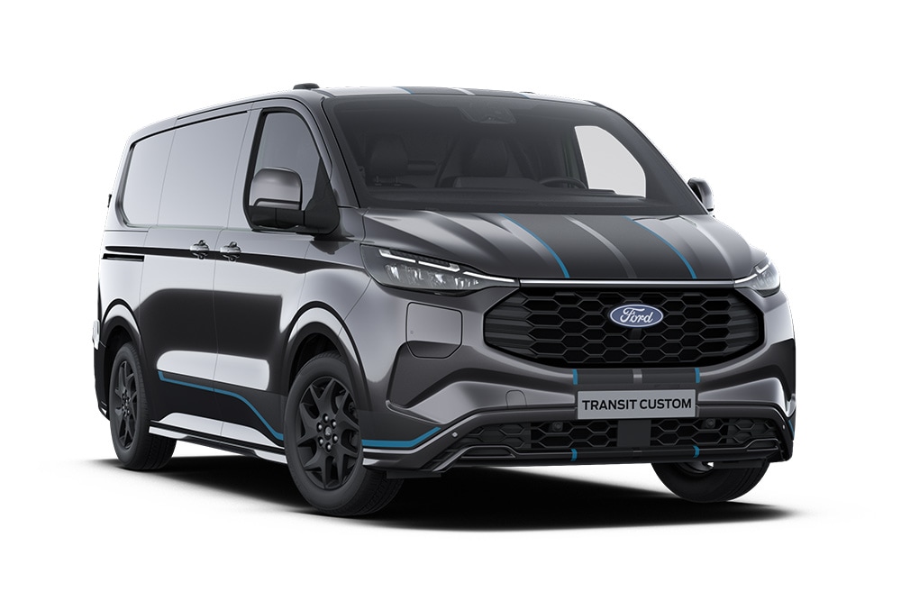 Front left angle of a dark grey Sport Ford Transit Custom van with black bumper stripe on a white background. 
