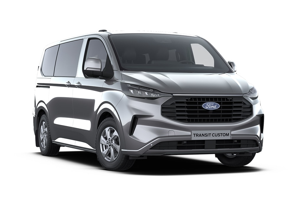 Vedere din față-stânga a unui Ford Transit Custom Kombi Limited gri închis pe un fundal alb.