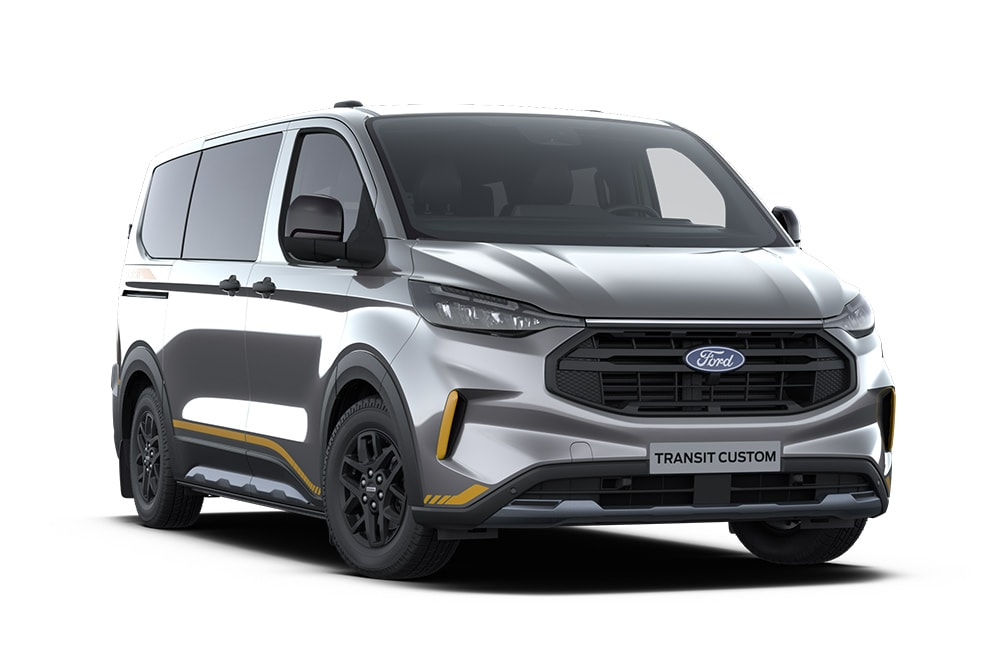 Vedere din față-stânga a unui Ford Transit Custom Kombi Trail gri închis pe un fundal alb.