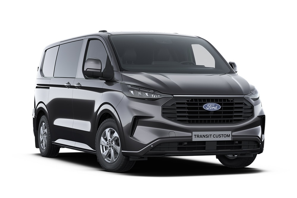 Vedere din față-stânga a unui Ford Transit Custom Multicab Limited gri închis pe un fundal alb.