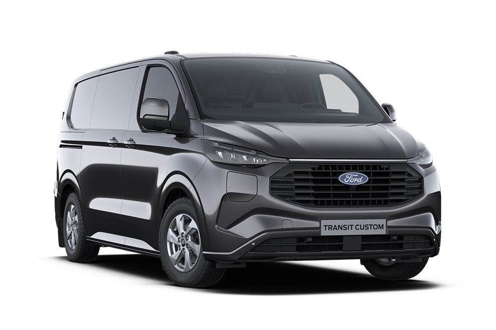 Front left angle of a dark grey Limited Ford Transit Custom van on a white background. 