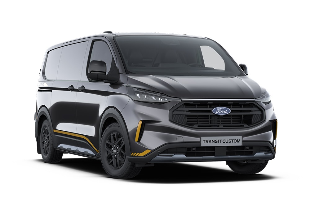 Vedere din față-stânga a unui furgon Ford Transit Custom Trail gri închis pe un fundal alb.