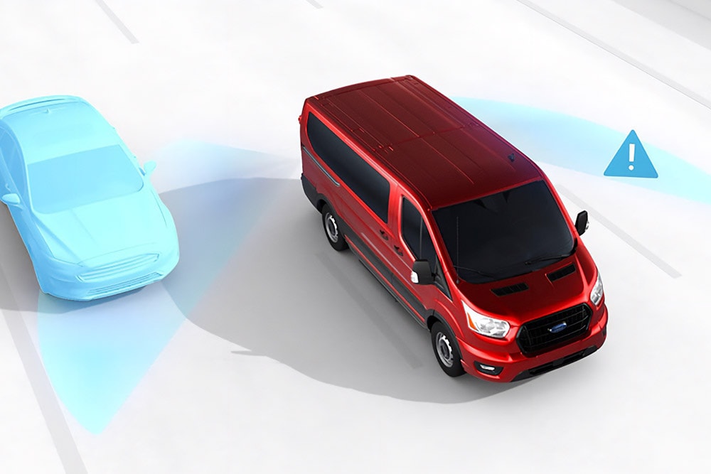 Vedere grafică aeriană a unui Ford Transit Furgon cu pictograme de alertă de siguranță.