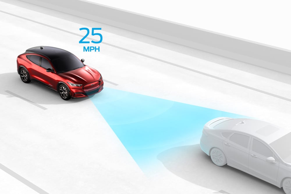 Grafic care ilustrează sistemul inteligent de asistență la viteză pe un vehicul Ford.