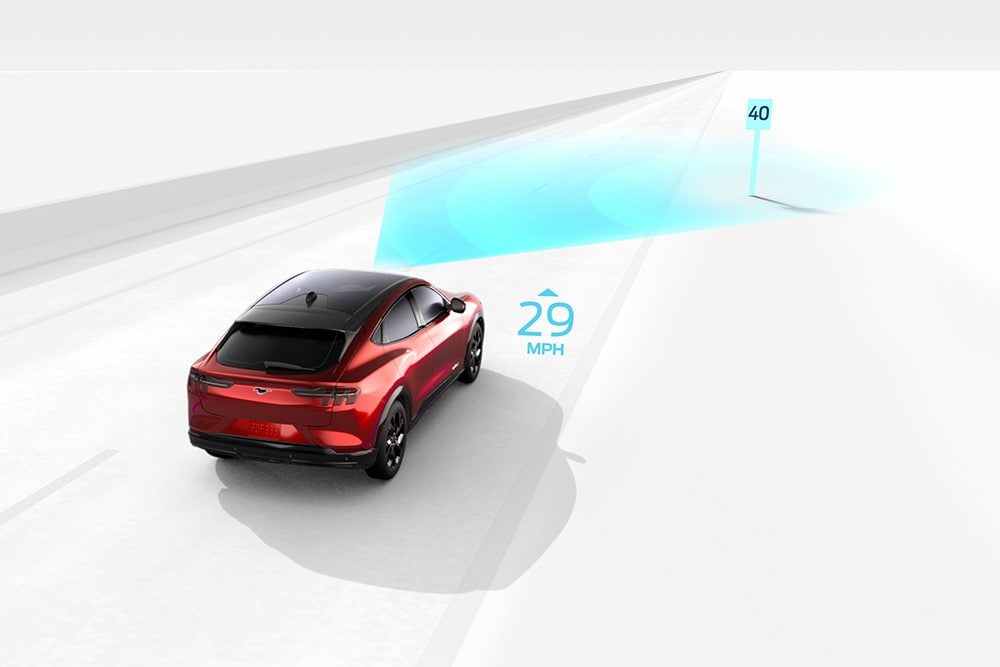 Grafic care ilustrează sistemul de recunoaștere a traficului pe un vehicul Ford.