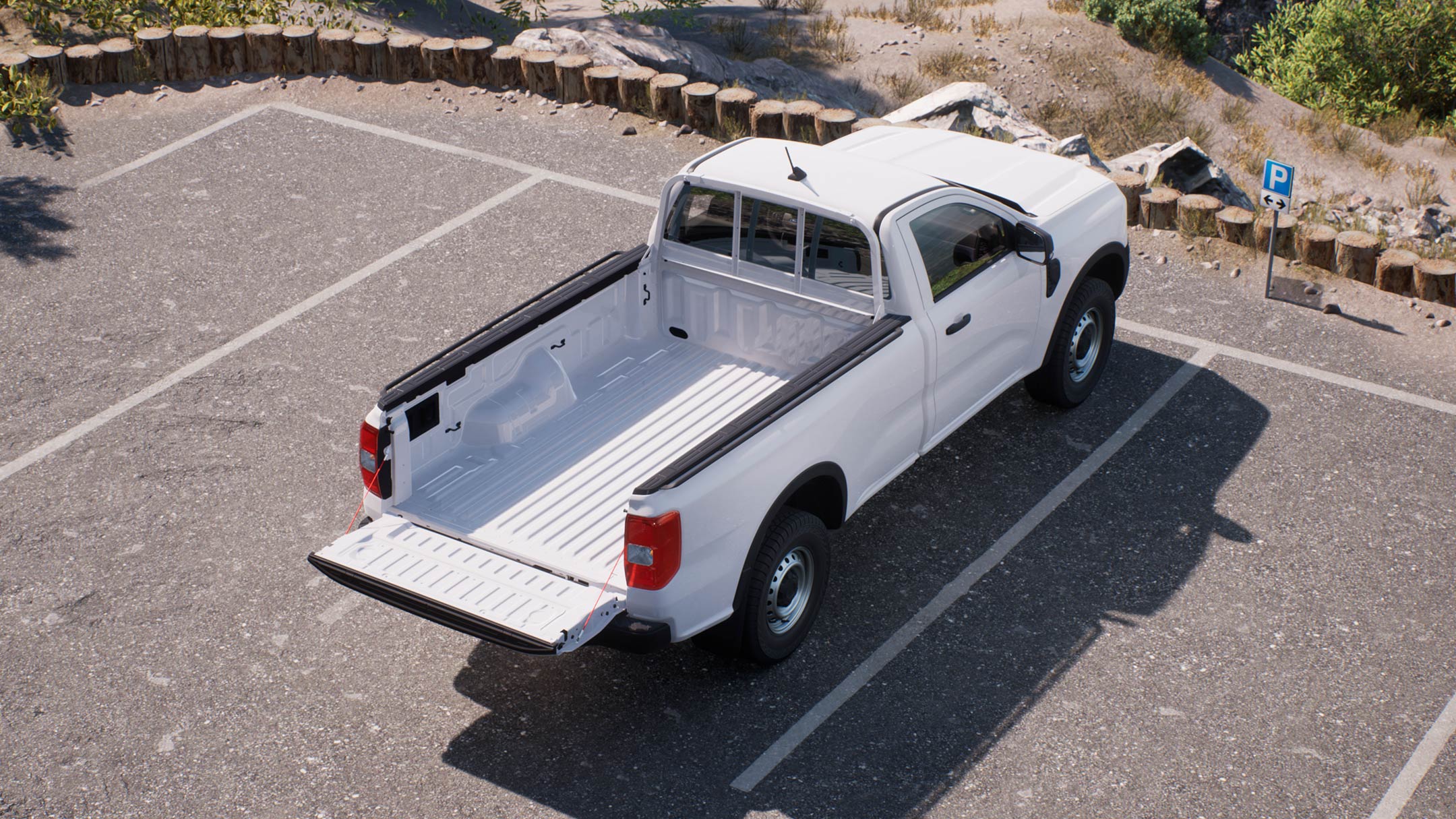 Noul Ford Ranger, în culoarea Frozen white, vedere din spate, de sus 3/4, ilustrând platforma de încărcare