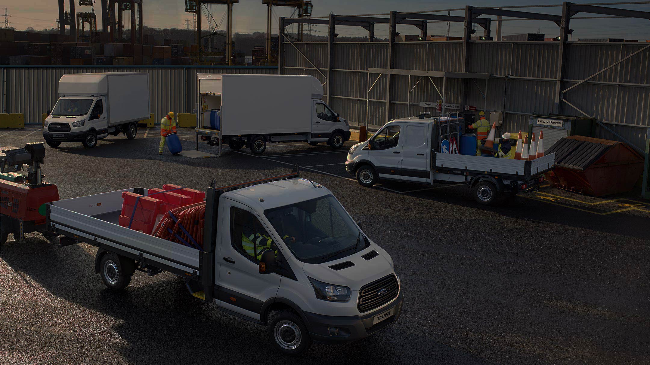 Car park with various Ford Transit Chassis Cabs