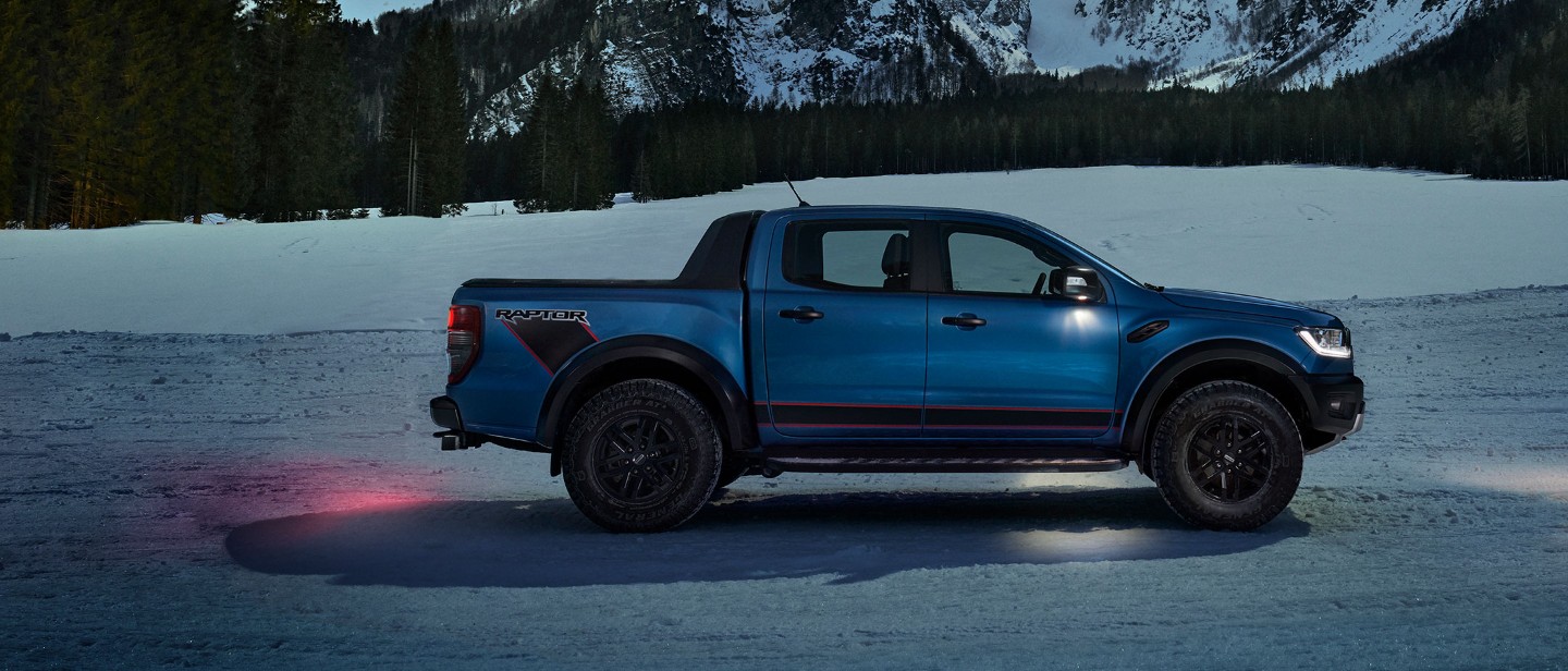 Blue Ford Ranger Raptor side view