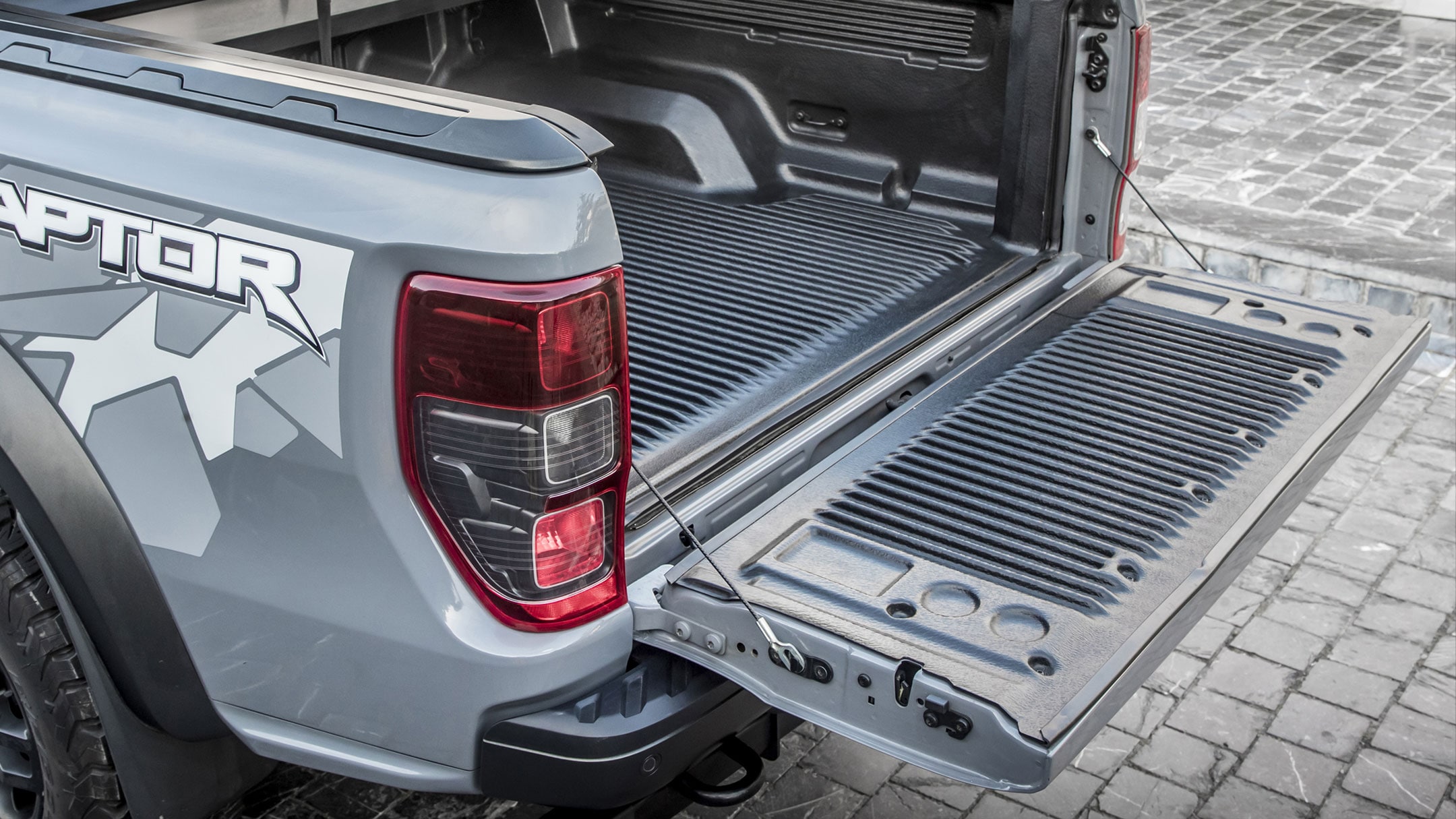 Ford Ranger Raptor with open top showing tie down points