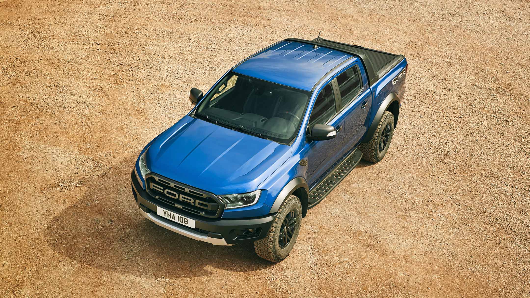 Blue Ford Ranger Raptor, parked, birds eye view