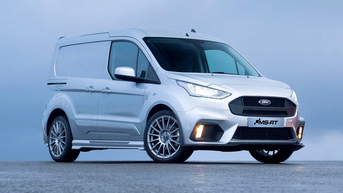 Ford Transit Connect MS-RT 3-quarter view with closed doors parked against a sky background.