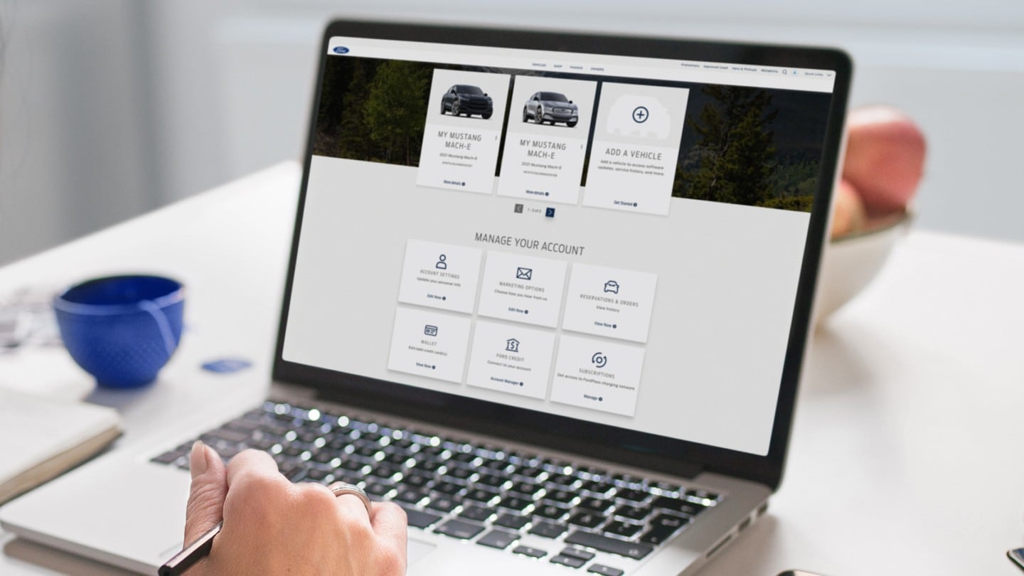 Persoană care se uită la software-ul Ford pe un laptop