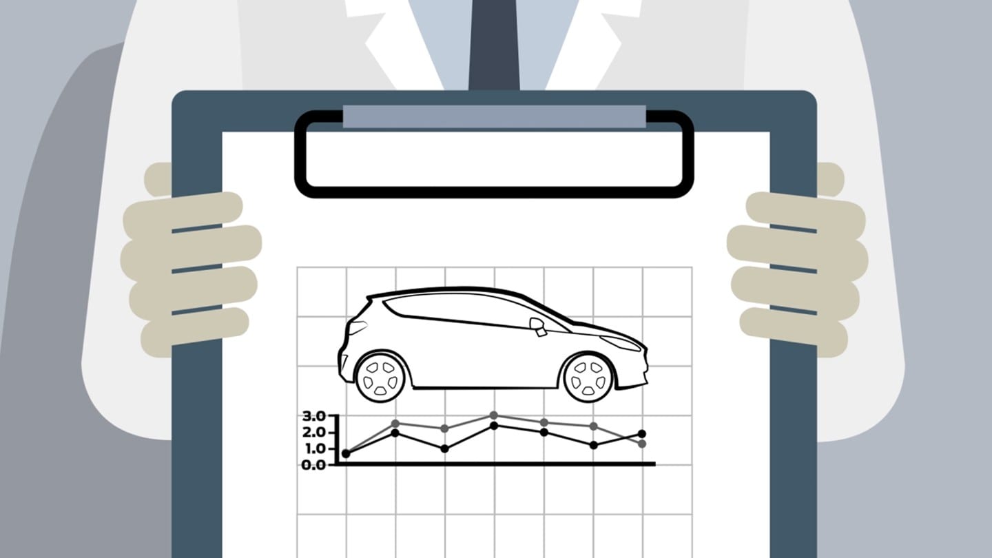 Man holding clipboard with car and graph